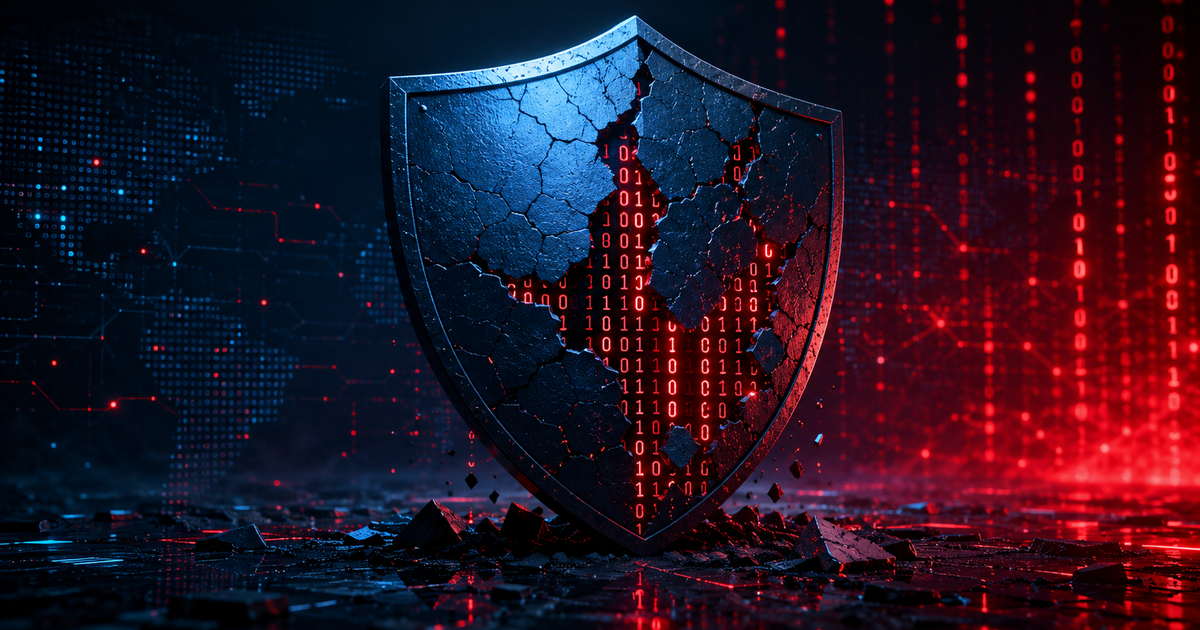 A cracked digital shield with binary code streaming through, representing vibe coding security vulnerabilities
