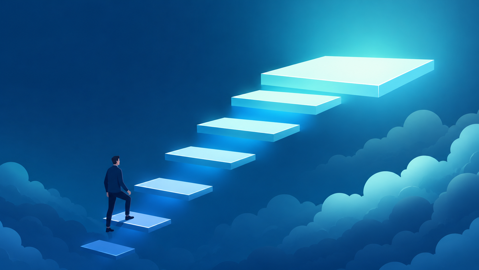 A person climbing glowing steps rising through clouds toward a large platform, representing the individual contributor career path beyond staff engineer