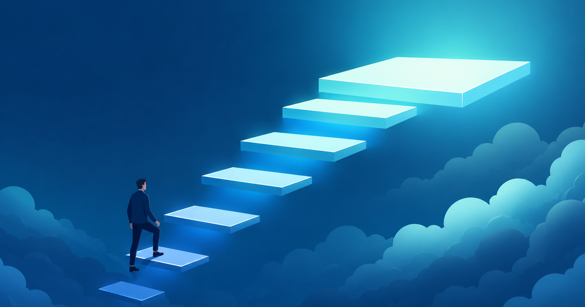 A person climbing glowing steps rising through clouds toward a large platform, representing the individual contributor career path beyond staff engineer