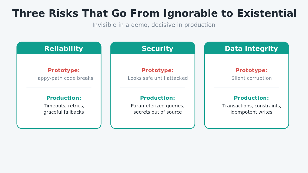 Diagram comparing prototype and production for three risks in vibe coding apps: reliability with timeouts and fallbacks, security with parameterized queries and secrets management, and data integrity with transactions and idempotent writes