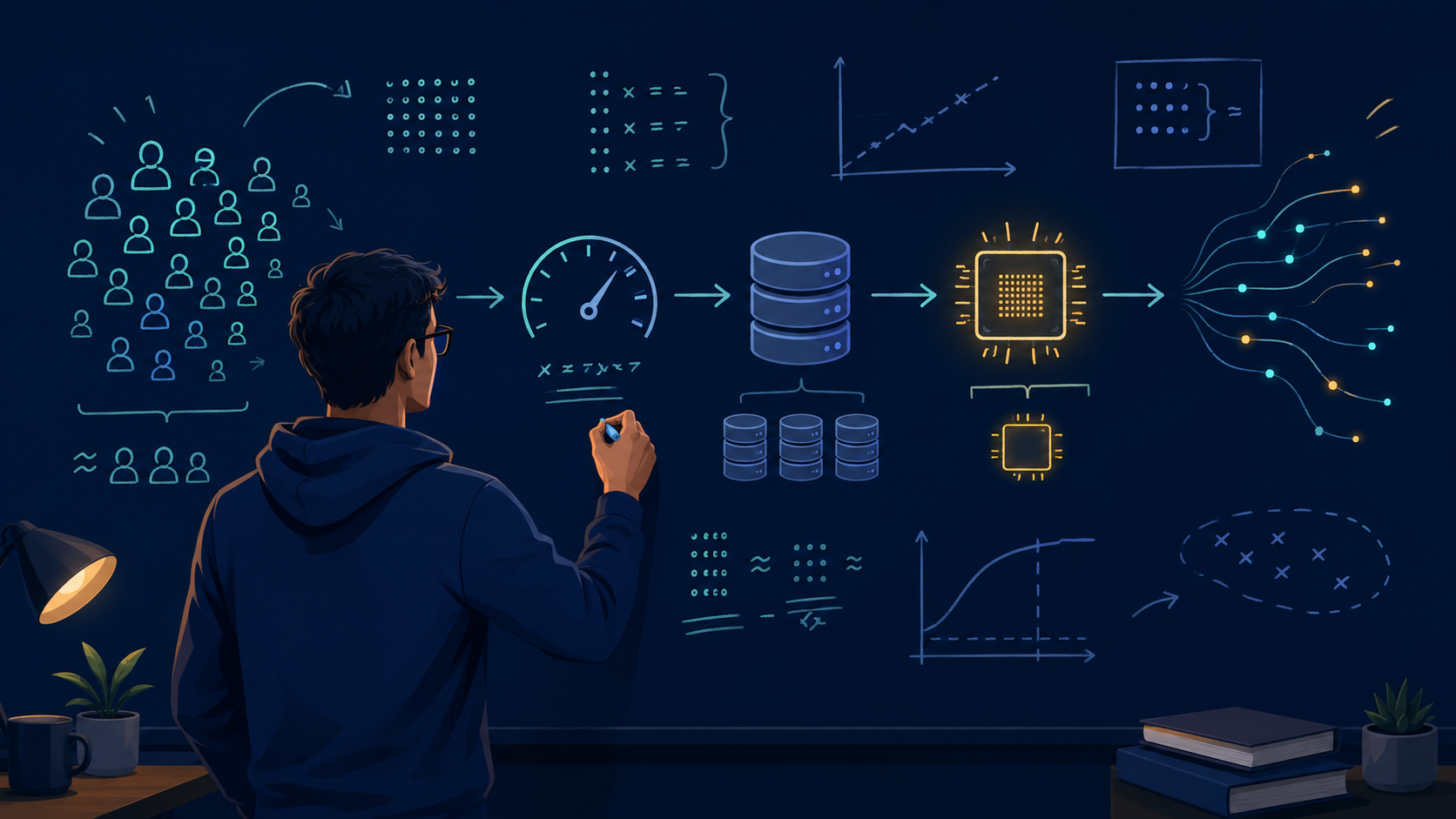Editorial illustration of back of the envelope capacity estimation: an engineer at a whiteboard sketches quick rough numbers and arrows flowing from user icons to a speed gauge, storage disks, a cache chip, and streaming network lines, conveying fast approximate math for a system design interview