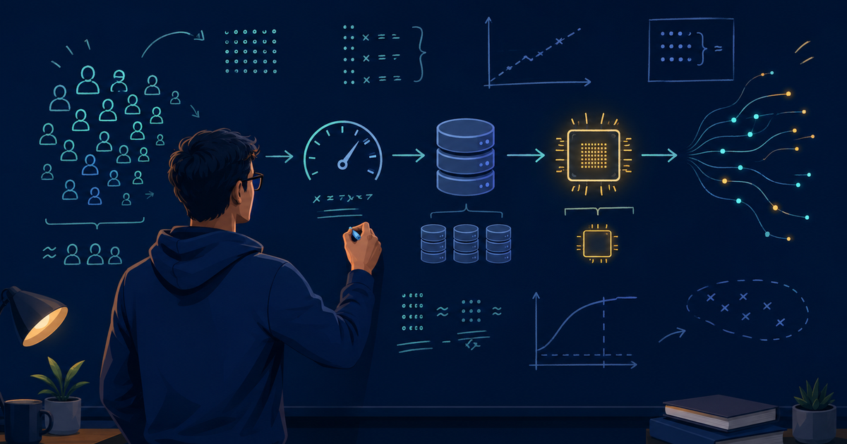 Editorial illustration of back of the envelope capacity estimation: an engineer at a whiteboard sketches quick rough numbers and arrows flowing from user icons to a speed gauge, storage disks, a cache chip, and streaming network lines, conveying fast approximate math for a system design interview