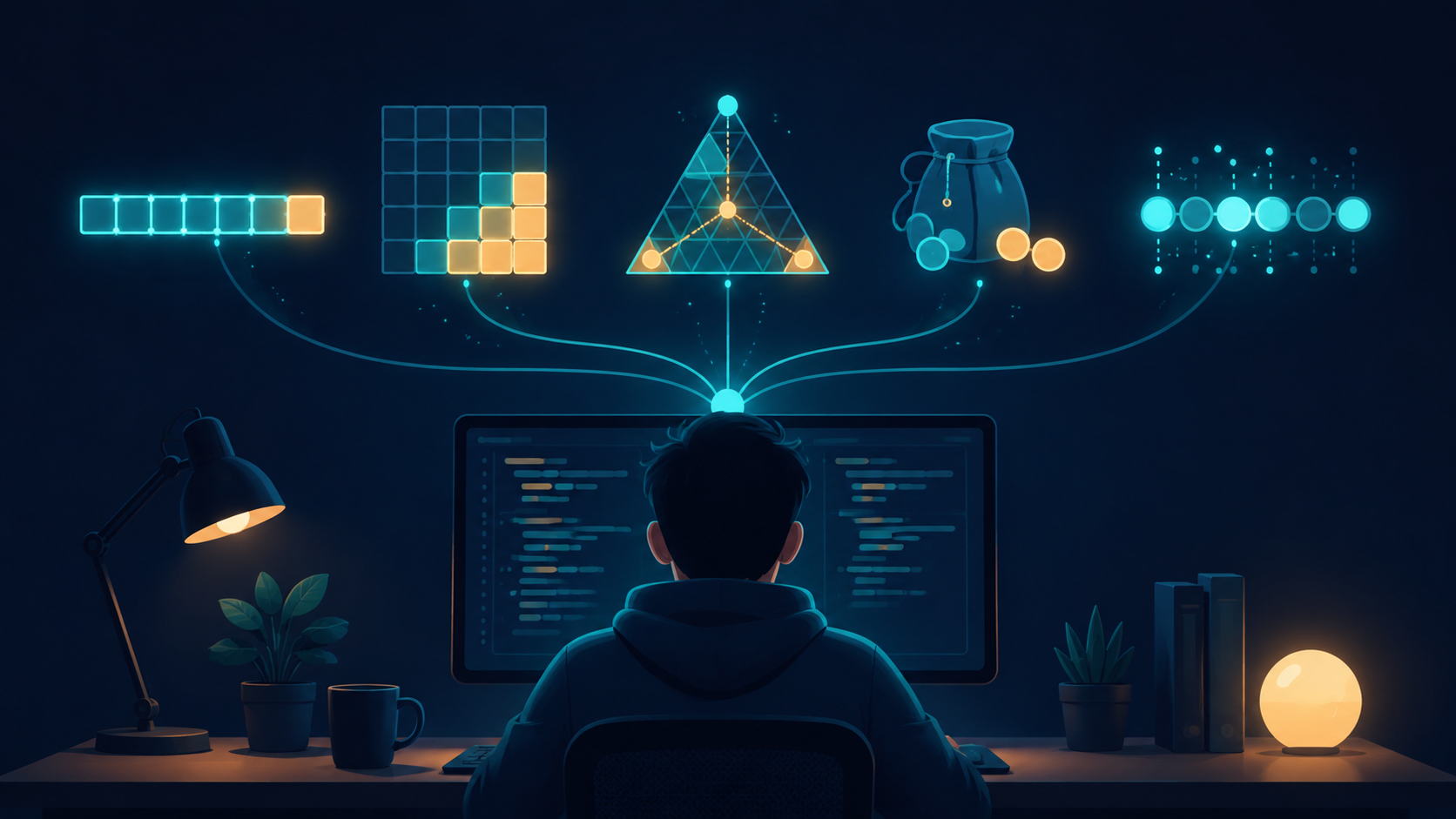 Editorial illustration of dynamic programming as a small family of recurring shapes: a single row of connected cells, a two dimensional grid being filled, a triangular range being split, a small knapsack with item tokens, and a set of glowing bits, floating above a developer's desk to represent the core dynamic programming patterns.