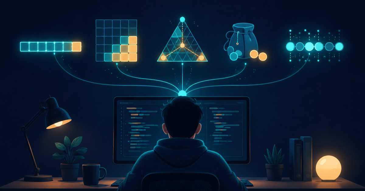Editorial illustration of dynamic programming as a small family of recurring shapes: a single row of connected cells, a two dimensional grid being filled, a triangular range being split, a small knapsack with item tokens, and a set of glowing bits, floating above a developer's desk to represent the core dynamic programming patterns.