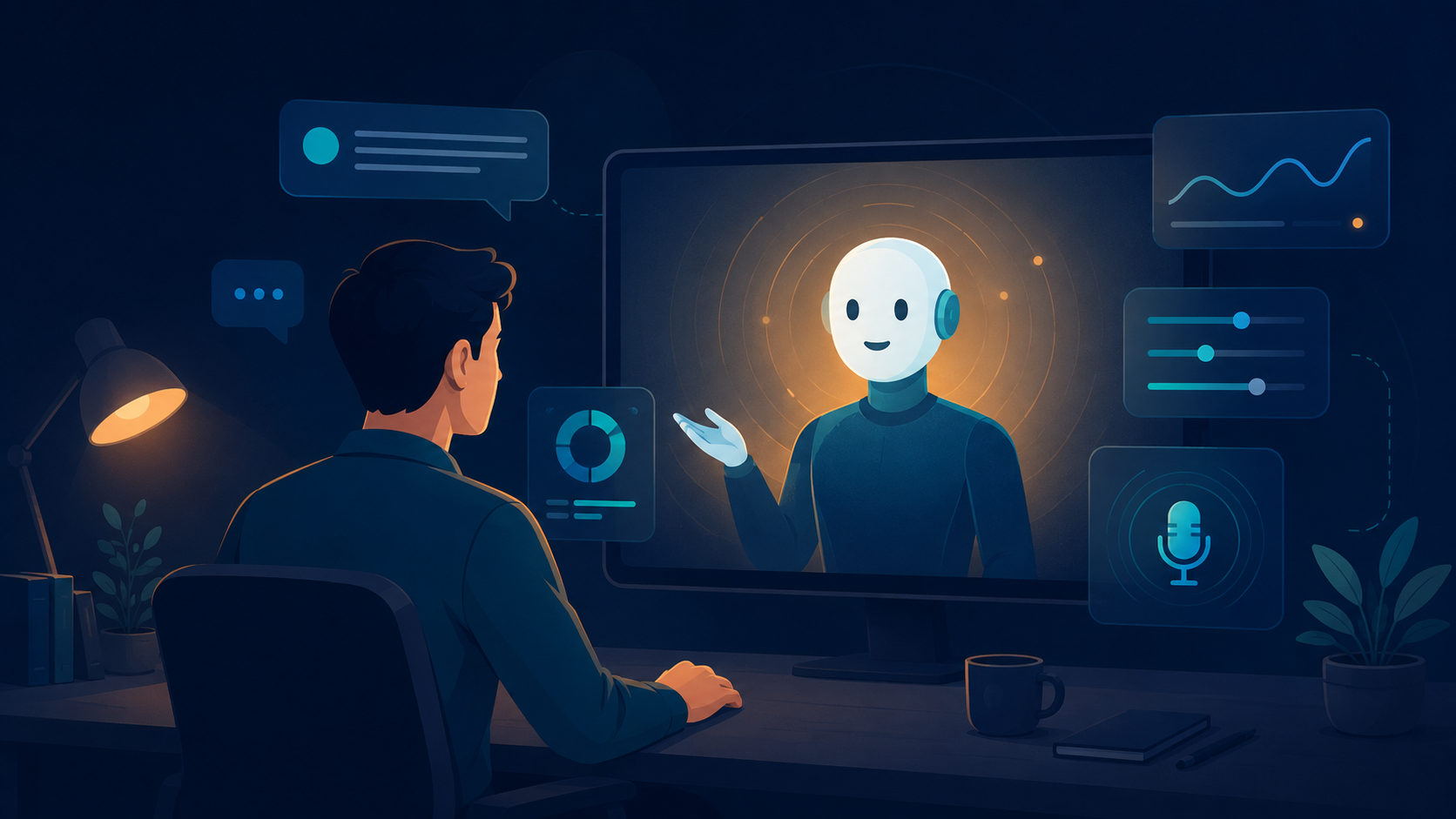 Editorial illustration of a calm person at a desk practicing a mock interview with a friendly abstract AI interviewer on a large screen, surrounded by floating UI cards, speech bubbles, feedback meters, and a microphone that suggest AI mock interview practice tools, in a teal and deep blue palette with a warm amber glow on the screen.