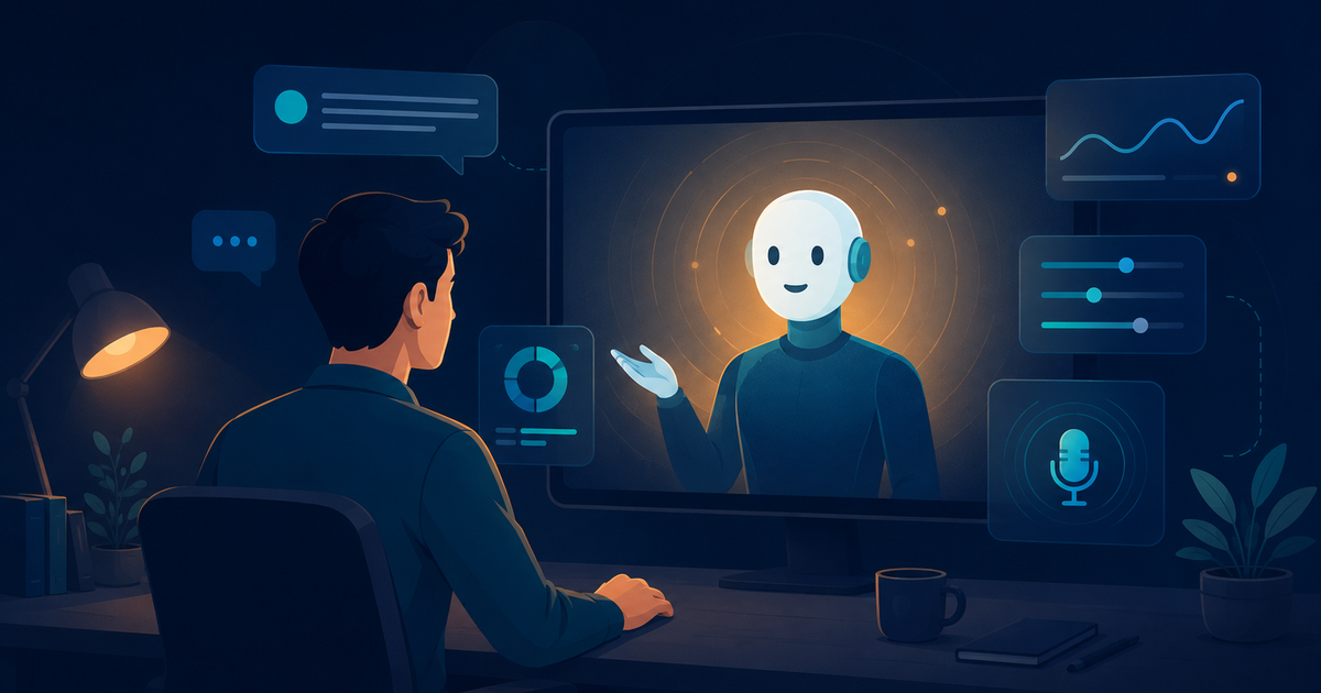 Editorial illustration of a calm person at a desk practicing a mock interview with a friendly abstract AI interviewer on a large screen, surrounded by floating UI cards, speech bubbles, feedback meters, and a microphone that suggest AI mock interview practice tools, in a teal and deep blue palette with a warm amber glow on the screen.