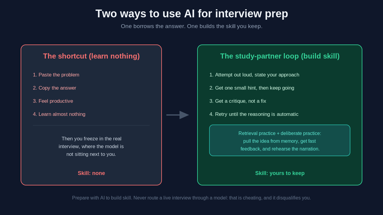 Diagram contrasting two ways to use AI for interview prep: the shortcut (paste the problem, copy the answer, feel productive, learn nothing, then freeze in the real interview) versus the study-partner loop (attempt out loud, get one hint, get a critique not a fix, retry until automatic) built on retrieval practice and deliberate practice