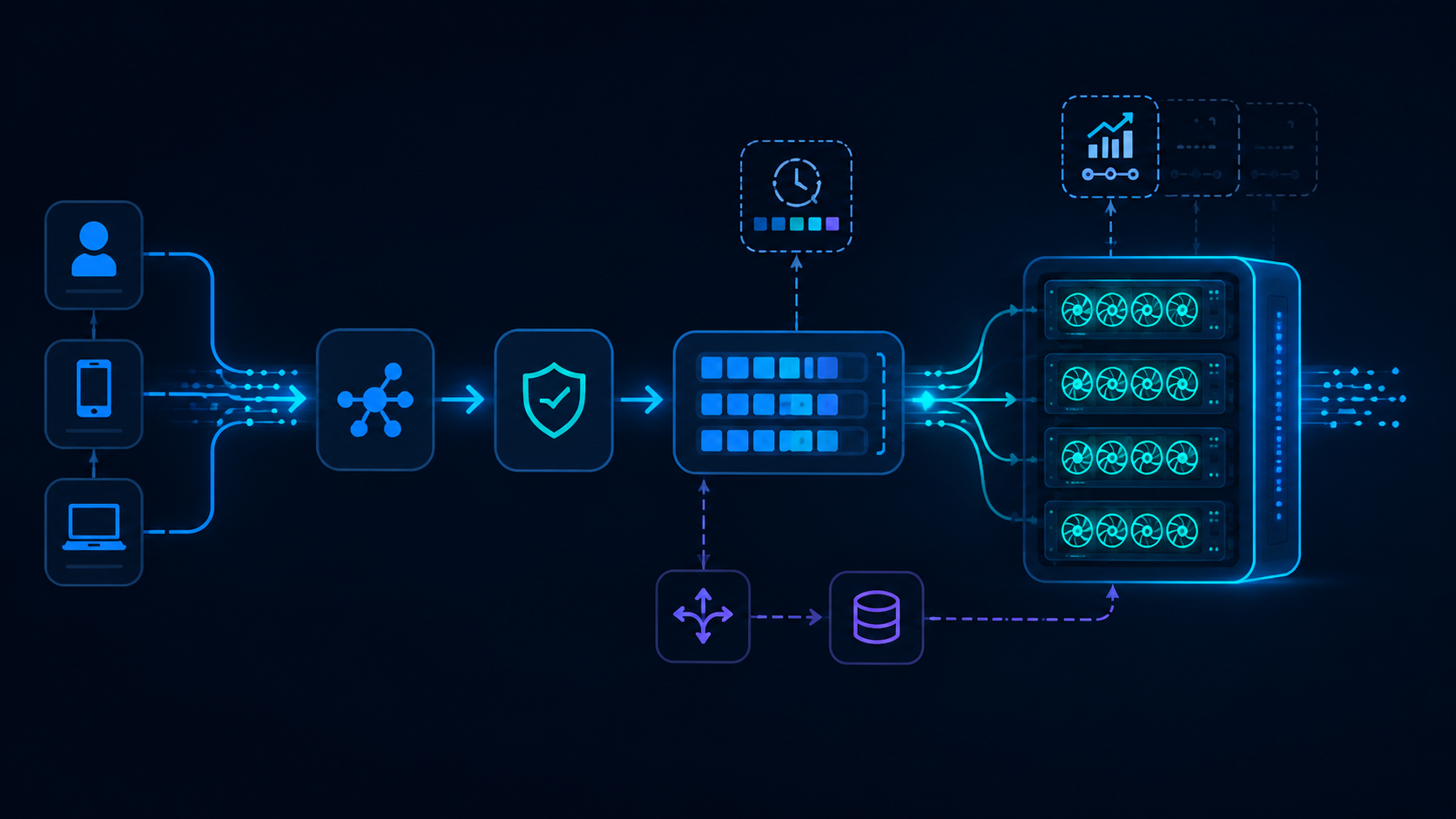 Model serving pipeline from user requests through gateway and batching queue to GPU replicas