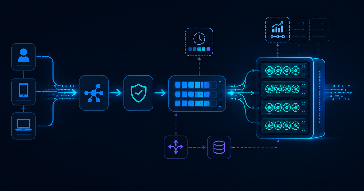 Model serving pipeline from user requests through gateway and batching queue to GPU replicas