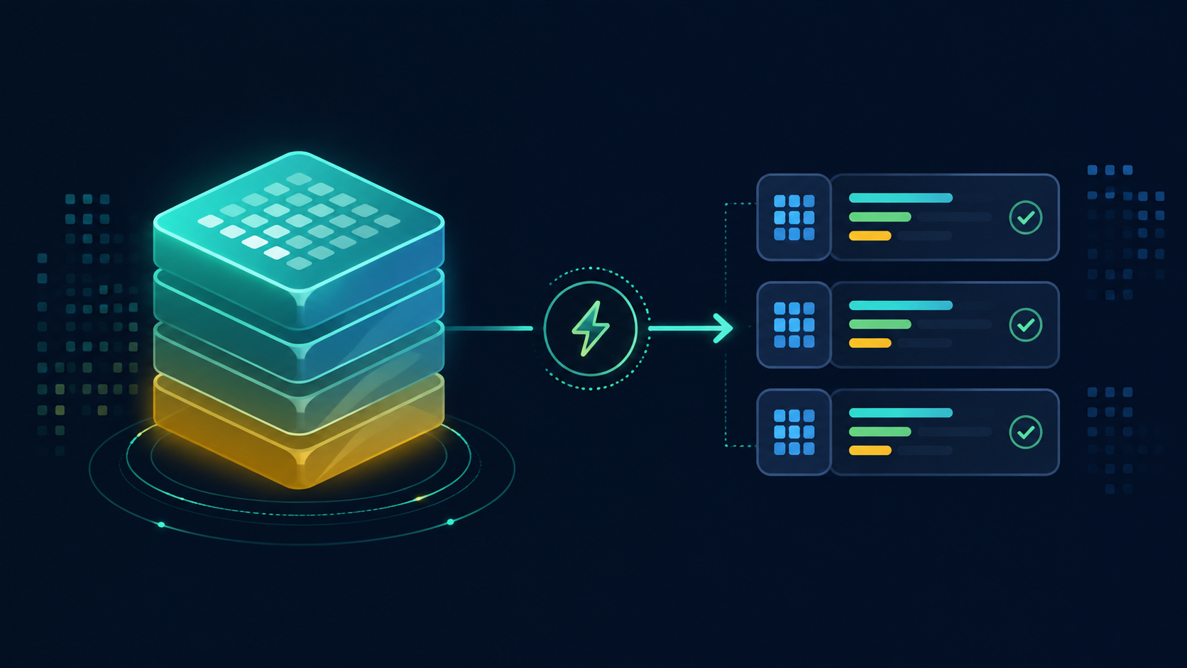 Editorial banner illustration for prompt caching, showing a large reusable block of cached context feeding repeated LLM requests on a dark navy background.