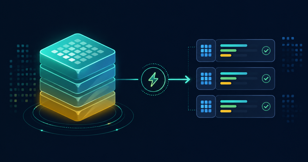 Editorial banner illustration for prompt caching, showing a large reusable block of cached context feeding repeated LLM requests on a dark navy background.