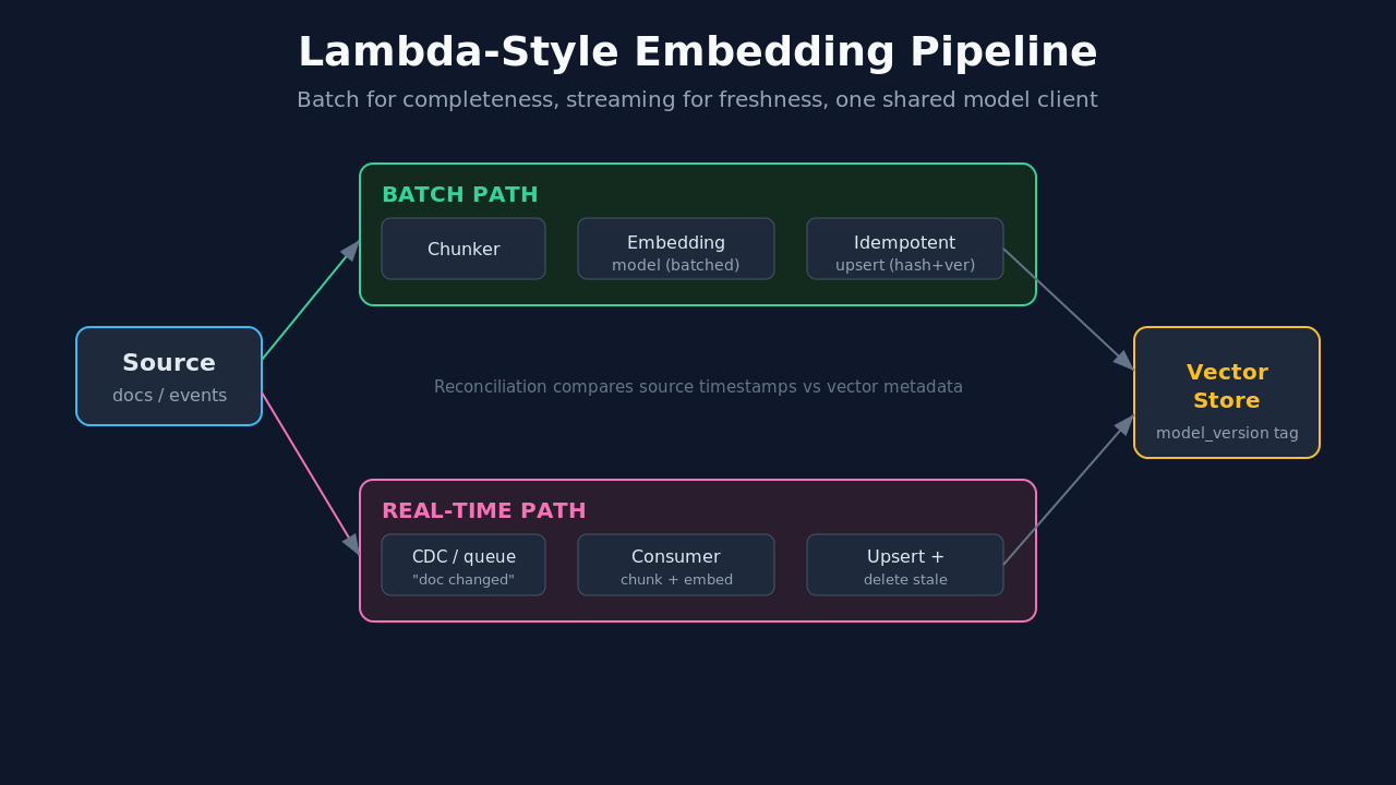 Lambda-style embedding pipeline with a batch path and a real-time path writing to one vector store