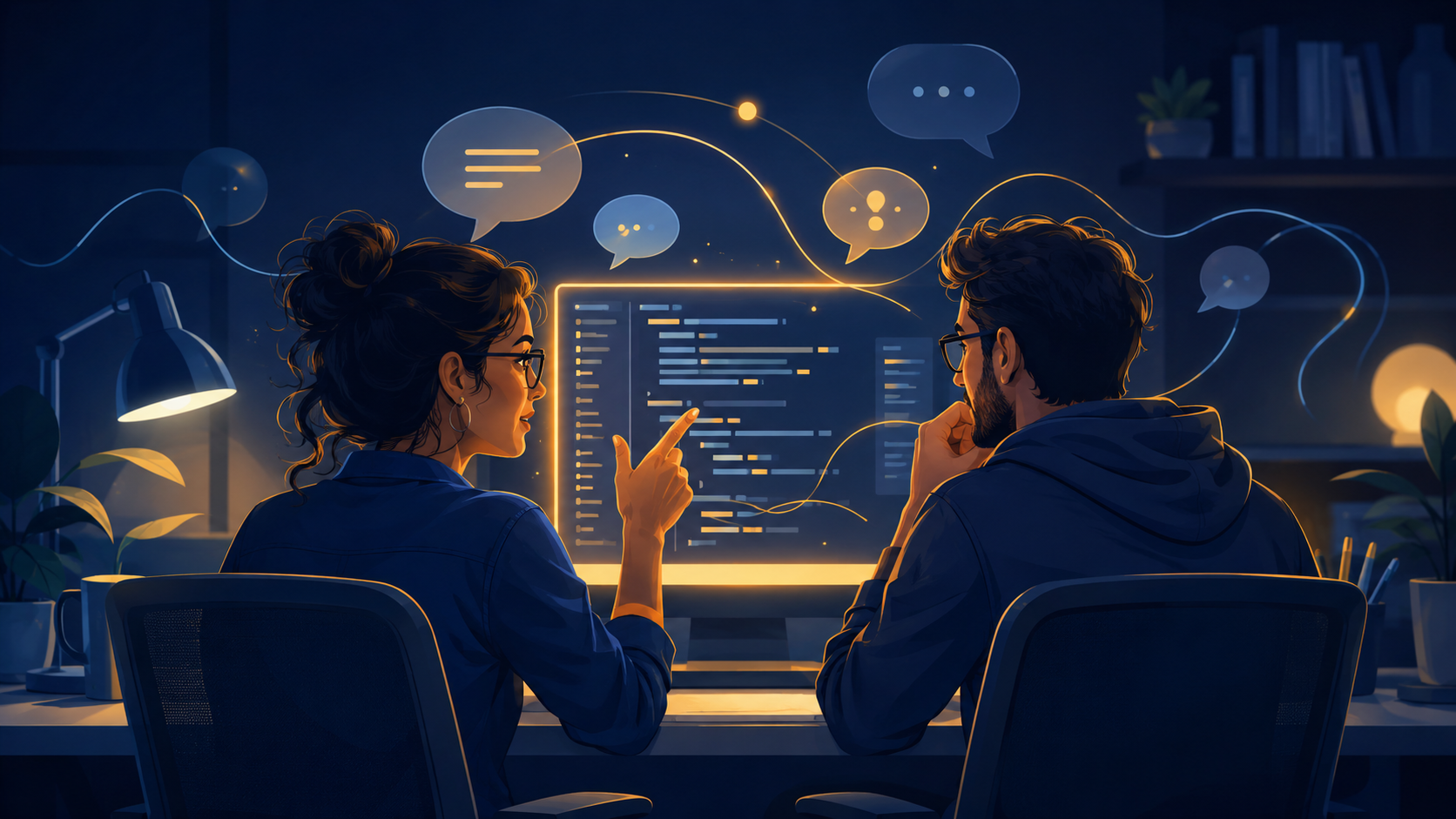 Editorial illustration of two software engineers sitting side by side at one glowing screen, mid-conversation, collaborating on a coding problem together. Soft speech-bubble shapes and thought lines flow between them and the code, suggesting narration and clarifying questions, with warm gold light around the shared dialogue. It represents the Microsoft coding interview as a problem-solving conversation rather than a silent test.