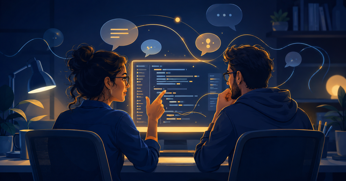 Editorial illustration of two software engineers sitting side by side at one glowing screen, mid-conversation, collaborating on a coding problem together. Soft speech-bubble shapes and thought lines flow between them and the code, suggesting narration and clarifying questions, with warm gold light around the shared dialogue. It represents the Microsoft coding interview as a problem-solving conversation rather than a silent test.