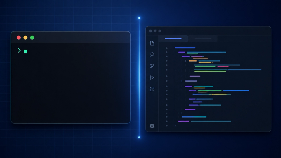 Claude Code vs Cursor comparison banner showing a terminal and code editor side by side