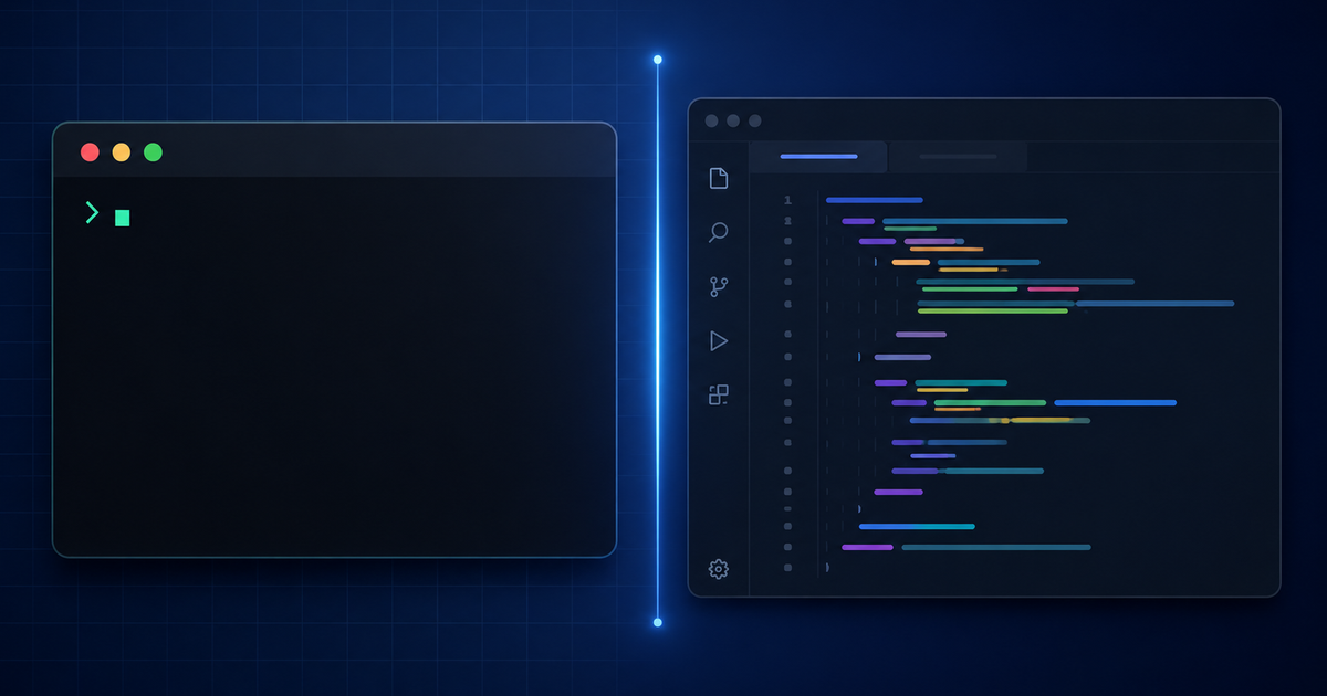 Claude Code vs Cursor comparison banner showing a terminal and code editor side by side