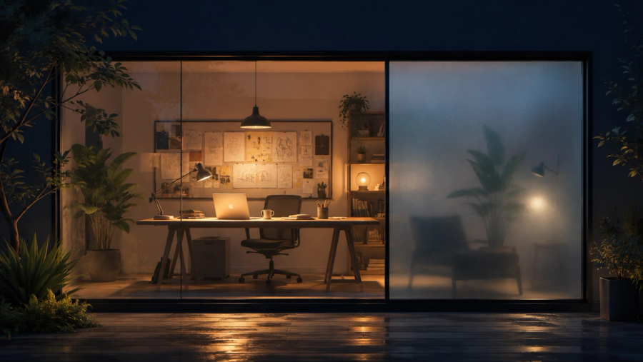 Editorial illustration of a founder's workspace behind a large glass wall, most of it transparent and open to show a desk with notebooks and a glowing laptop while one section is frosted to hide a private corner, representing building in public with deliberate limits on transparency