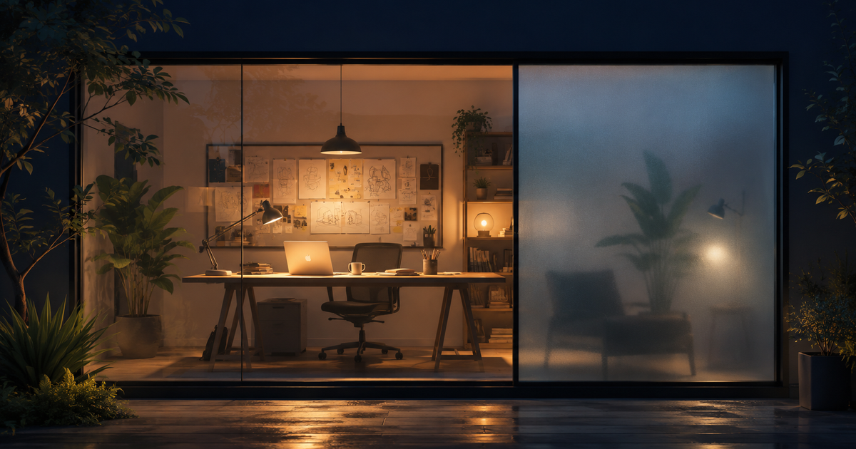 Editorial illustration of a founder's workspace behind a large glass wall, most of it transparent and open to show a desk with notebooks and a glowing laptop while one section is frosted to hide a private corner, representing building in public with deliberate limits on transparency