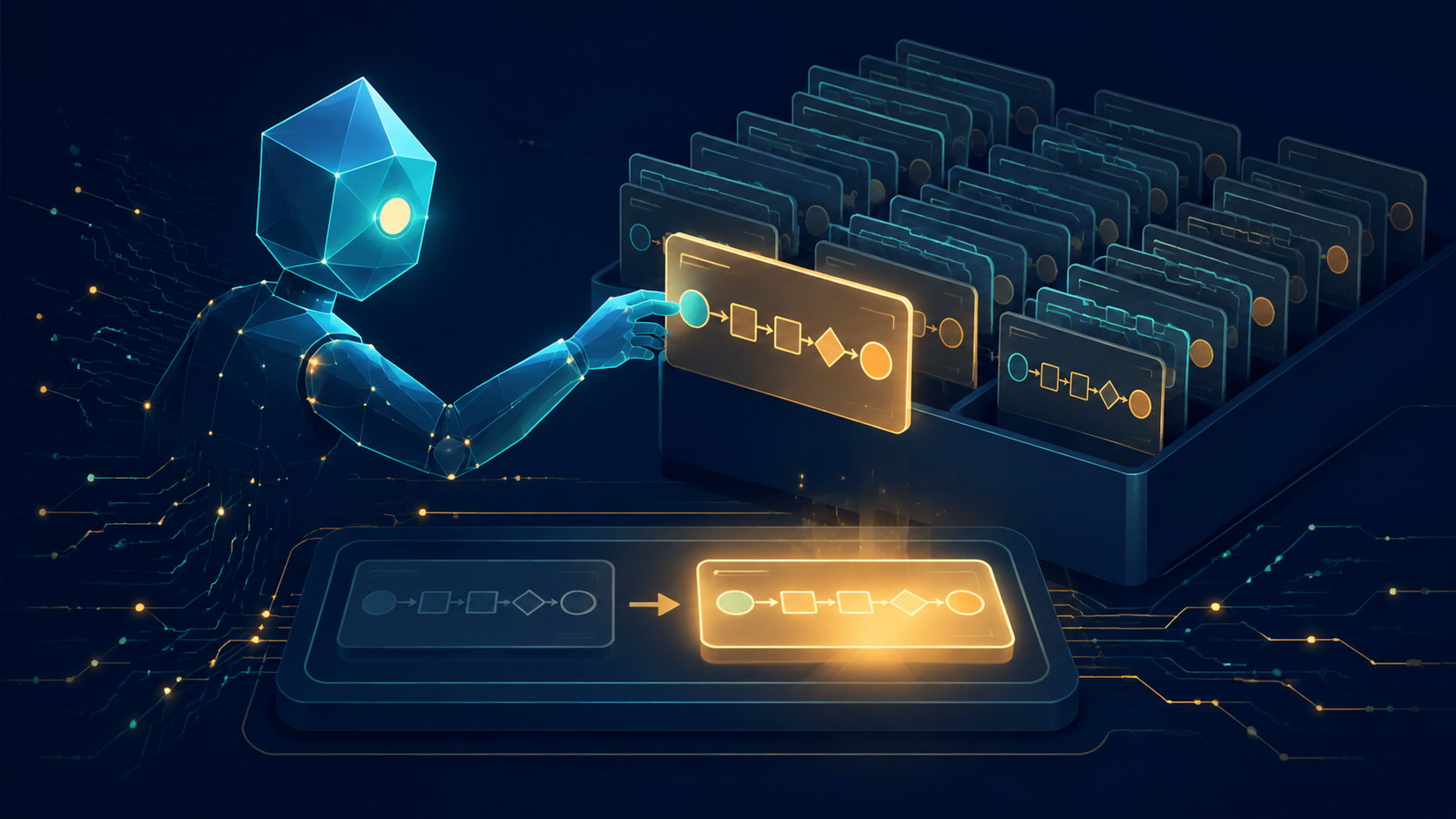Editorial illustration of an AI agent pulling a glowing reusable workflow card from a library of procedure cards, with a new task lighting up along the same stored path, representing agent workflow memory reusing past steps.