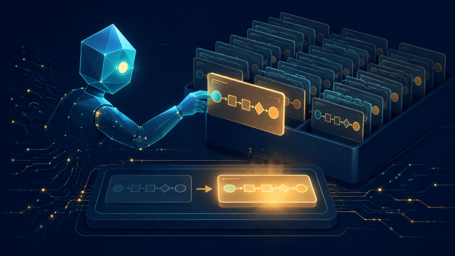 Editorial illustration of an AI agent pulling a glowing reusable workflow card from a library of procedure cards, with a new task lighting up along the same stored path, representing agent workflow memory reusing past steps.