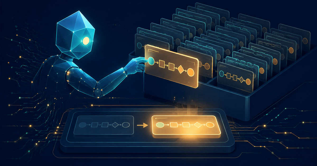 Editorial illustration of an AI agent pulling a glowing reusable workflow card from a library of procedure cards, with a new task lighting up along the same stored path, representing agent workflow memory reusing past steps.