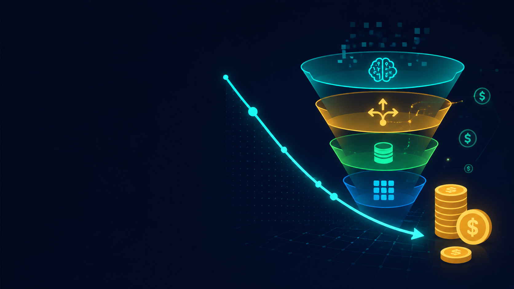 Editorial banner illustration for AI and LLM cost optimization, showing a downward cost curve with layered caching, routing, and batching shapes on a dark navy background.