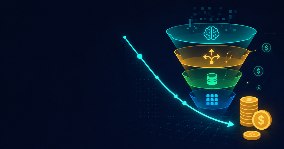Editorial banner illustration for AI and LLM cost optimization, showing a downward cost curve with layered caching, routing, and batching shapes on a dark navy background.