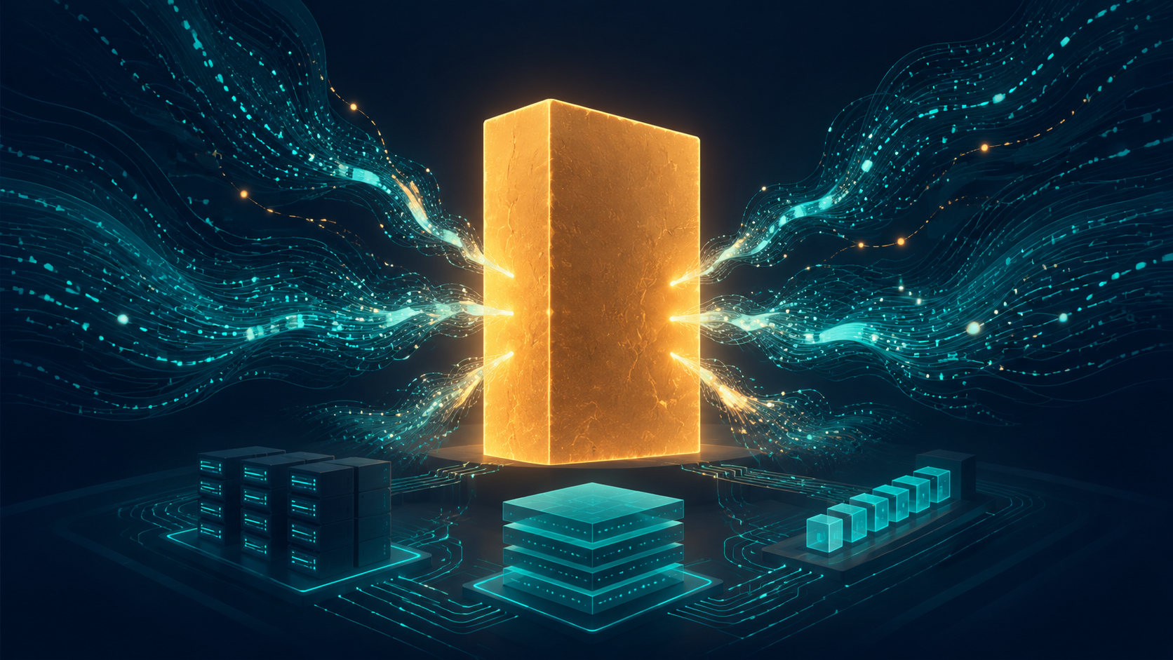 Editorial illustration of a single large monumental monolith block standing confidently in the center, glowing with warm light to represent one unified application, with streams of glowing data flowing into it from many directions to suggest enormous traffic at scale, and a few small supporting glowing server racks, a cache layer, and a queue around its base quietly absorbing the load, in a calm teal and deep blue palette with warm amber accents.