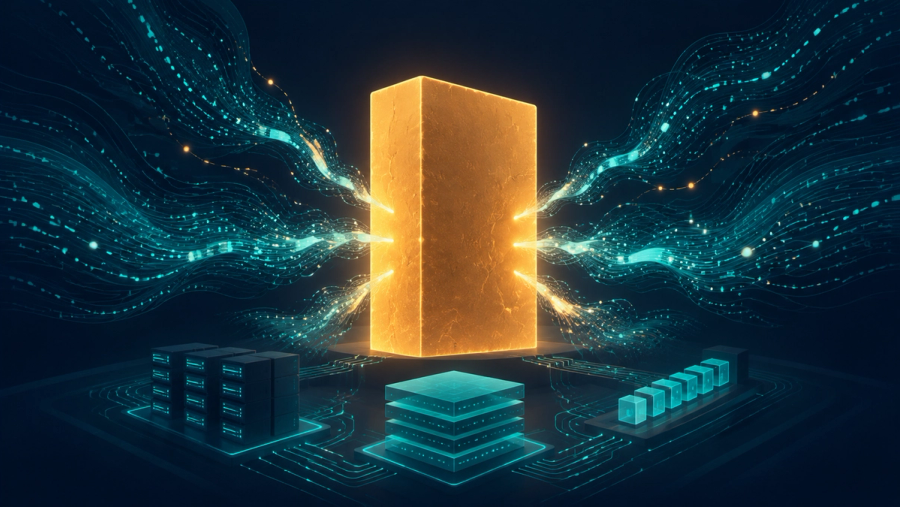 Editorial illustration of a single large monumental monolith block standing confidently in the center, glowing with warm light to represent one unified application, with streams of glowing data flowing into it from many directions to suggest enormous traffic at scale, and a few small supporting glowing server racks, a cache layer, and a queue around its base quietly absorbing the load, in a calm teal and deep blue palette with warm amber accents.