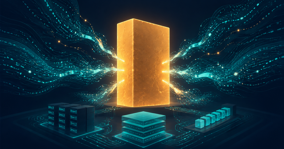 Editorial illustration of a single large monumental monolith block standing confidently in the center, glowing with warm light to represent one unified application, with streams of glowing data flowing into it from many directions to suggest enormous traffic at scale, and a few small supporting glowing server racks, a cache layer, and a queue around its base quietly absorbing the load, in a calm teal and deep blue palette with warm amber accents.