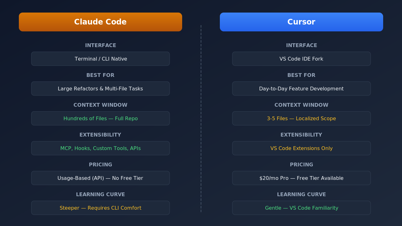 Feature comparison table between Claude Code and Cursor