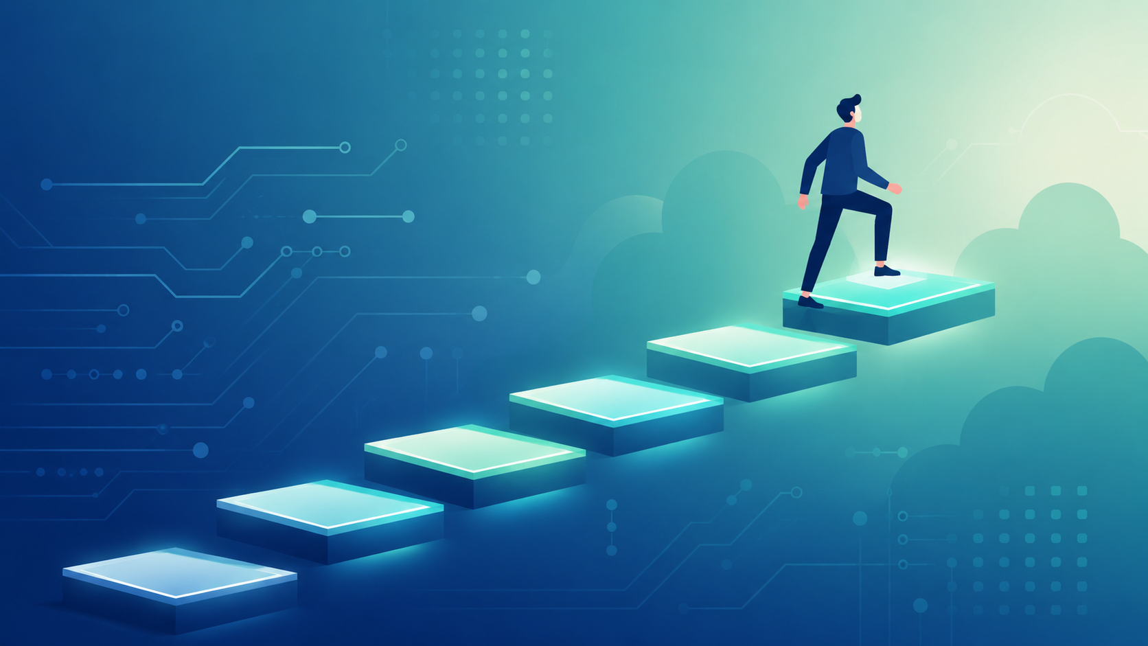 A software engineer climbing five ascending glowing platforms toward the top, representing the path to a senior engineering promotion