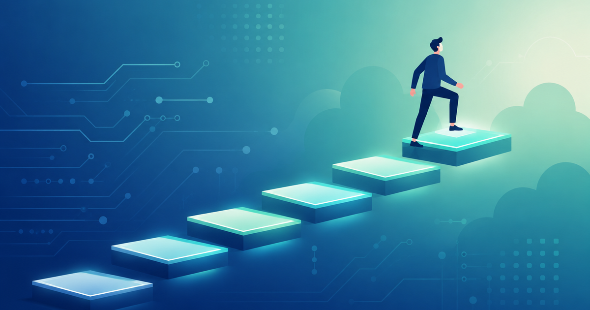 A software engineer climbing five ascending glowing platforms toward the top, representing the path to a senior engineering promotion