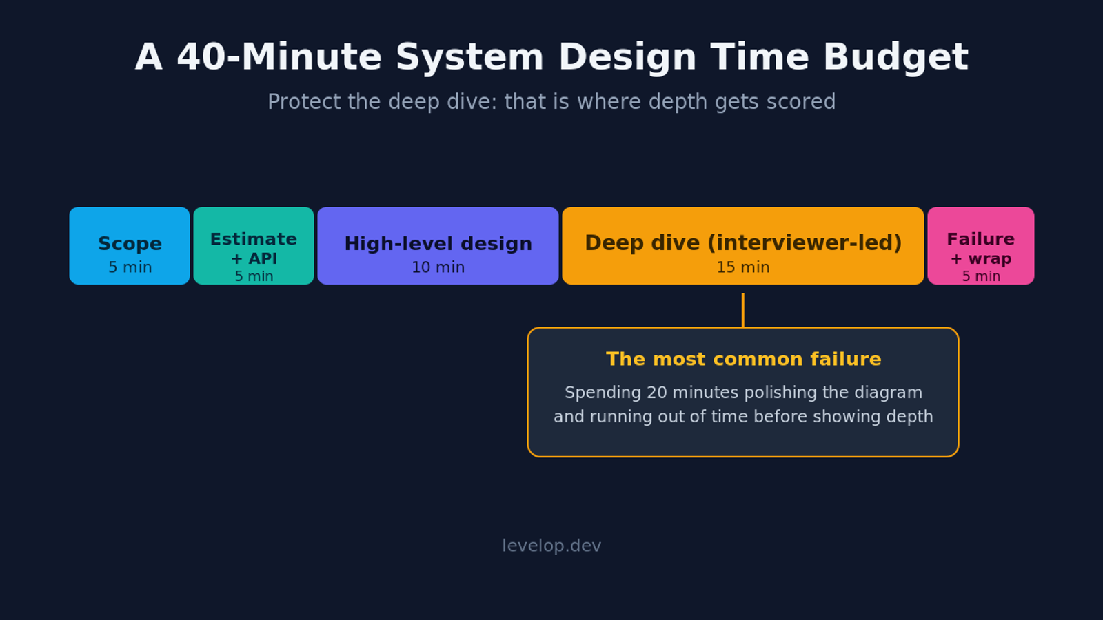 A 40-minute system design interview time budget: 5 minutes scoping, 5 estimate and API, 10 high-level design, 15 deep dive, 5 failure modes and wrap-up