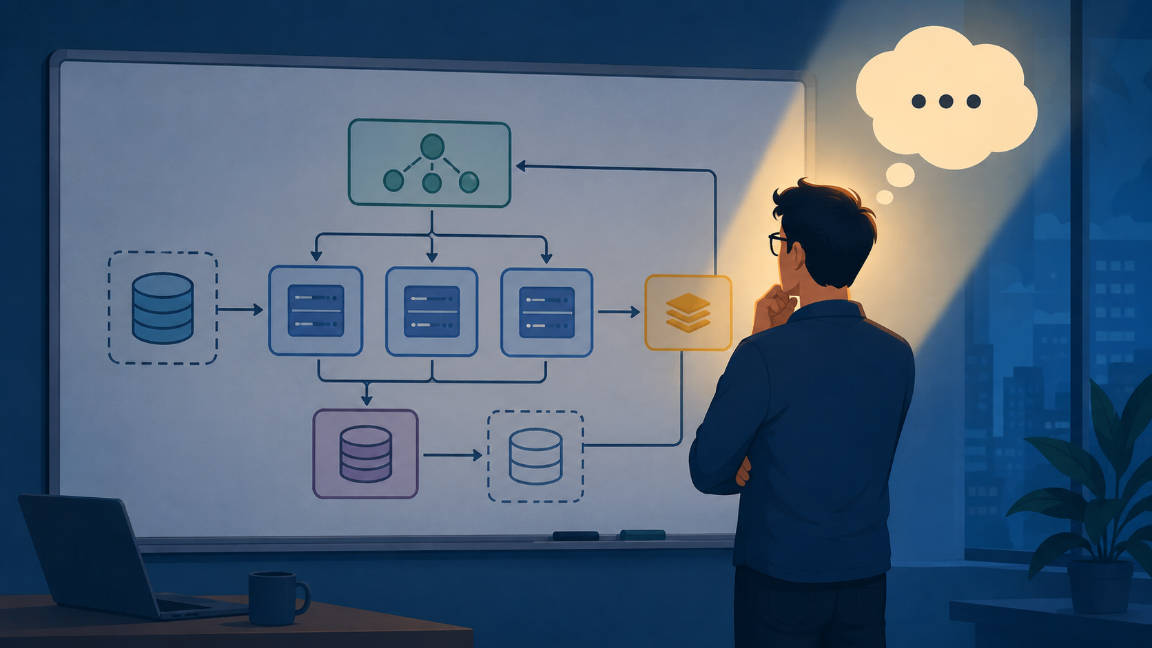 An engineer at a whiteboard full of architecture diagrams, illustrating that system design interviews test thinking and communication, not just the diagram