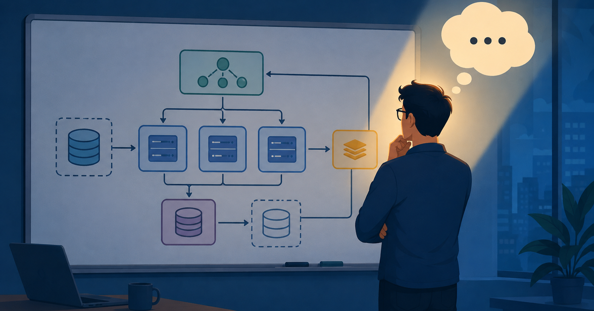 An engineer at a whiteboard full of architecture diagrams, illustrating that system design interviews test thinking and communication, not just the diagram