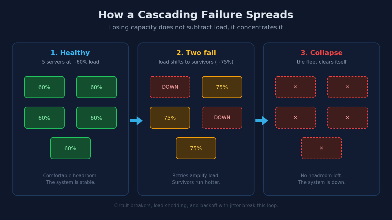 Diagram showing a cascading failure spread across servers behind a load balancer in three stages