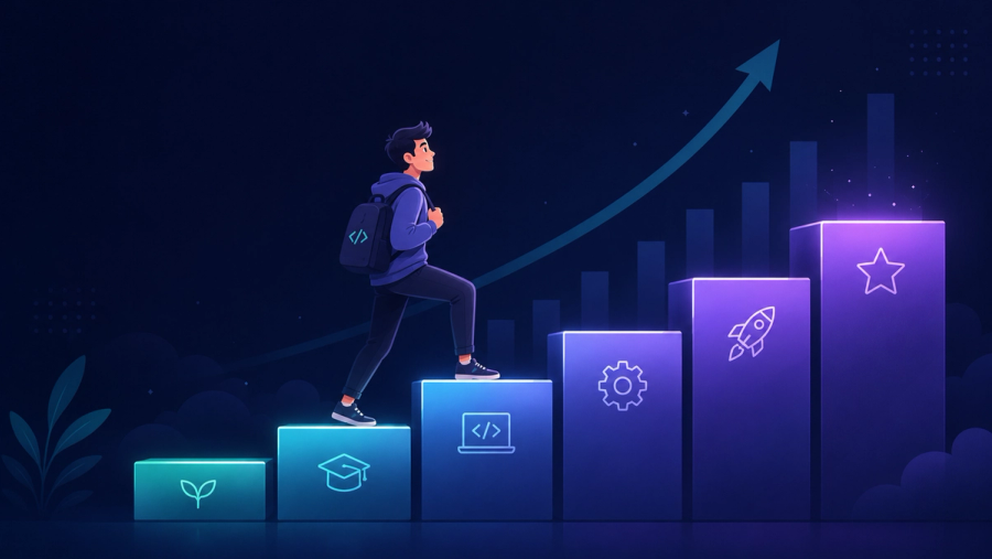 A confident young software engineer climbing a rising staircase of glowing career-level platforms, from bootcamp graduate toward mid-level, illustrating salary and skill growth over the first years of a software engineering career