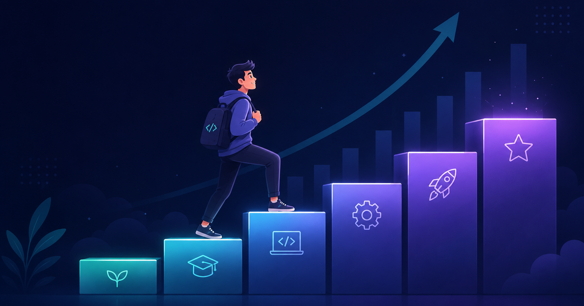 A confident young software engineer climbing a rising staircase of glowing career-level platforms, from bootcamp graduate toward mid-level, illustrating salary and skill growth over the first years of a software engineering career