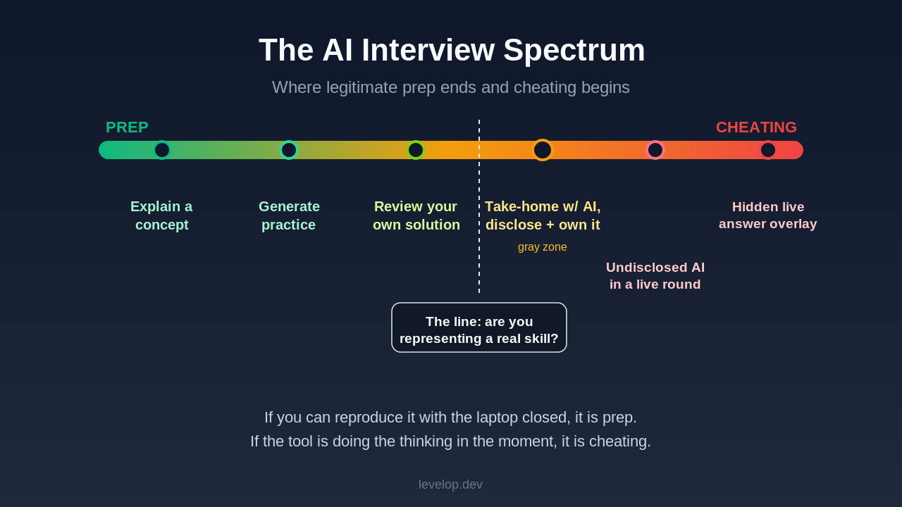 A spectrum from legitimate AI interview prep on the left to AI interview cheating on the right, with a gray zone in the middle