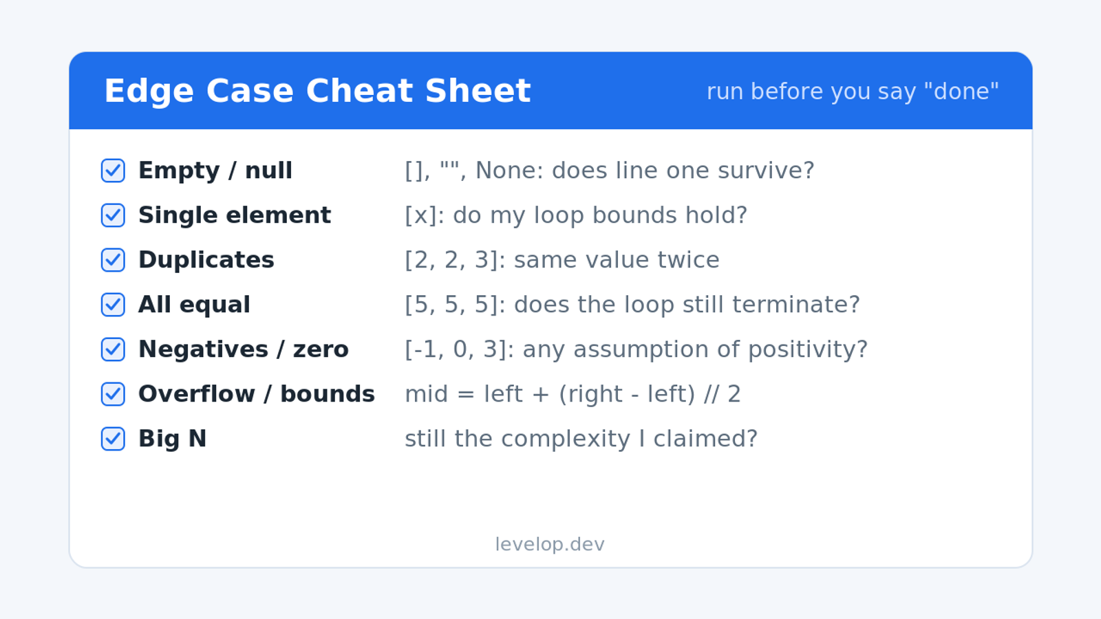 Edge case cheat sheet checklist: empty, single element, duplicates, all equal, negatives, overflow, big N