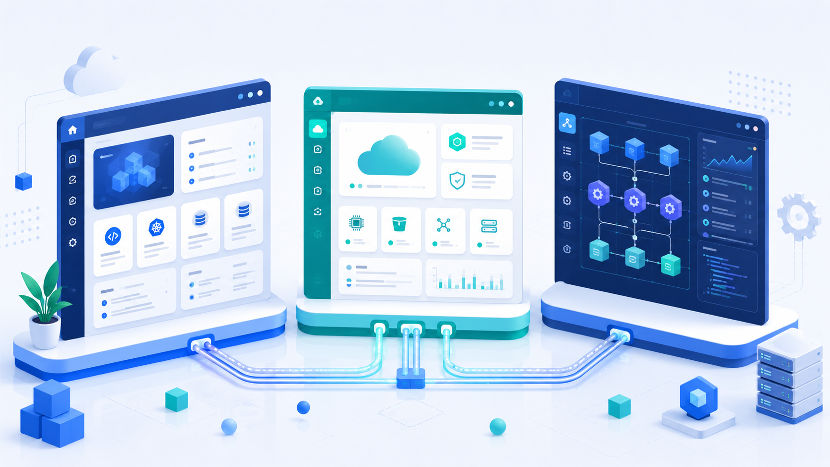 Platform engineering tools comparison: developer portal, SaaS portal, and orchestrator dashboards connected by pipelines