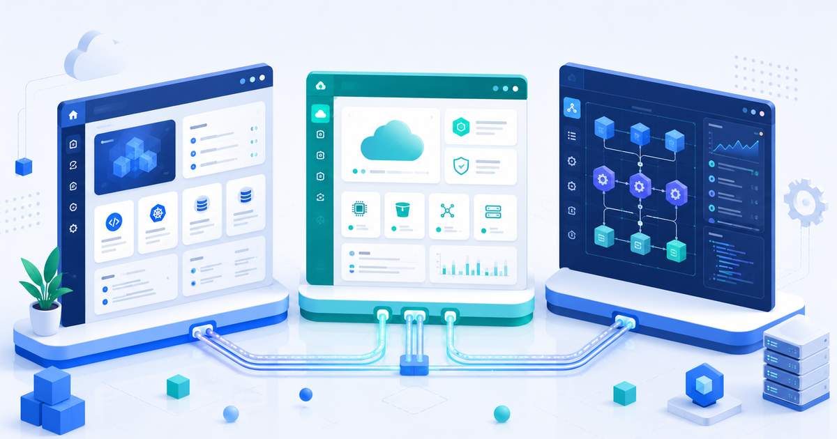 Platform engineering tools comparison: developer portal, SaaS portal, and orchestrator dashboards connected by pipelines