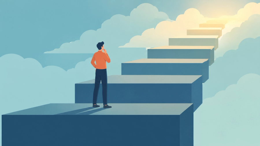 A software engineer standing on a wide plateau step of a staircase that rises into the clouds, representing the mid-level career plateau