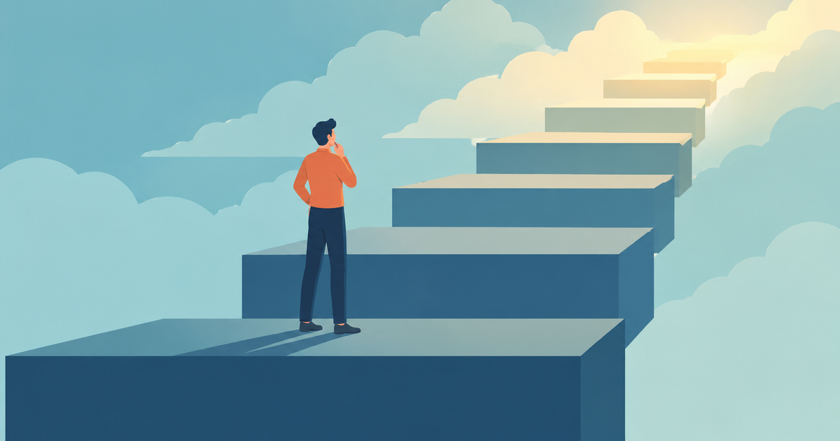 A software engineer standing on a wide plateau step of a staircase that rises into the clouds, representing the mid-level career plateau