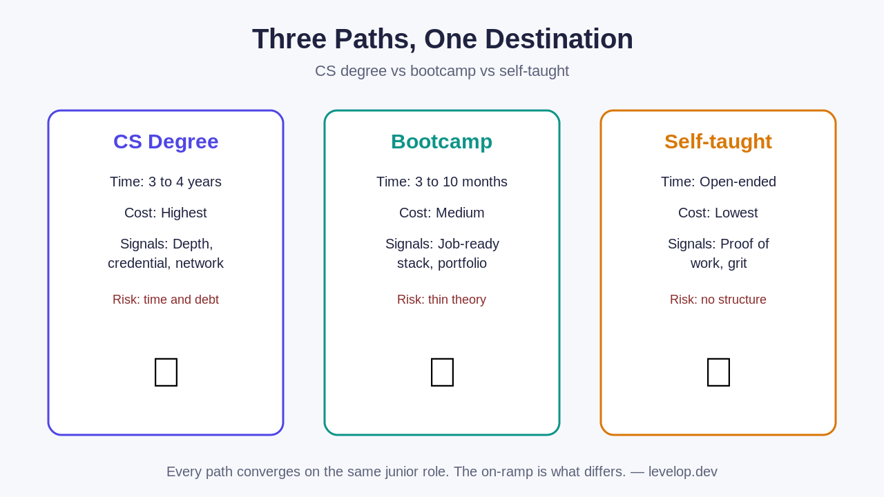 Comparison of CS degree, coding bootcamp, and self-taught paths by time, cost, and signal
