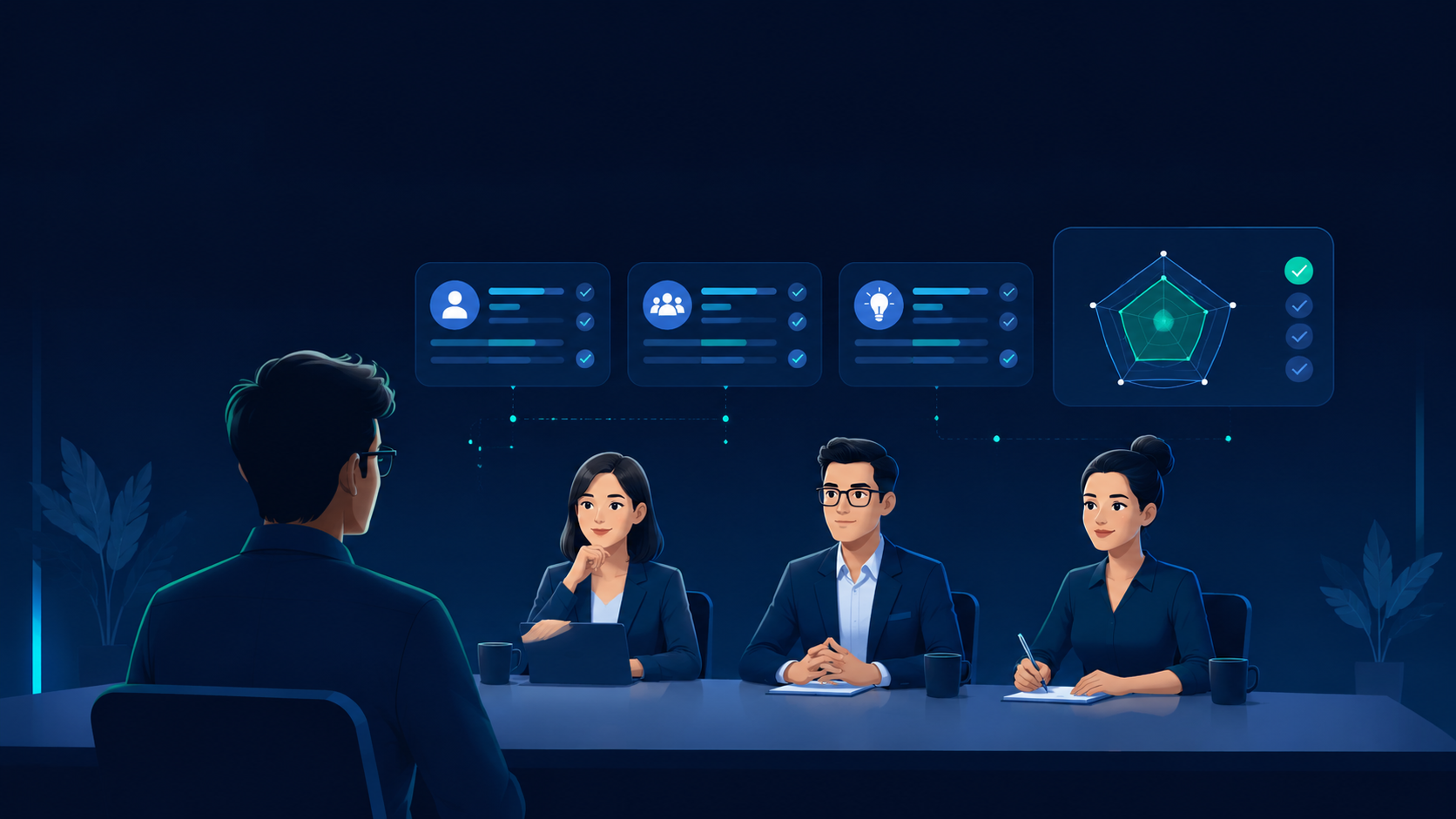 A software engineer facing a three-person hiring panel with a floating scoring rubric, showing the behavioral interview is evaluated against a rubric