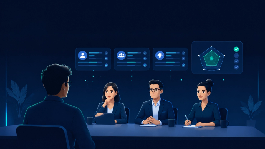 A software engineer facing a three-person hiring panel with a floating scoring rubric, showing the behavioral interview is evaluated against a rubric
