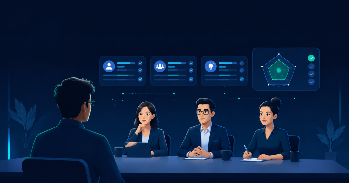 A software engineer facing a three-person hiring panel with a floating scoring rubric, showing the behavioral interview is evaluated against a rubric