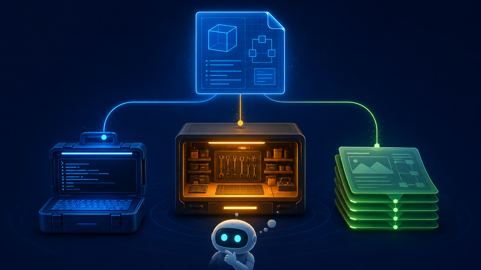 Editorial illustration of three distinct workbenches representing spec driven development tools Spec Kit, AWS Kiro, and OpenSpec, with a shared specification blueprint connecting them